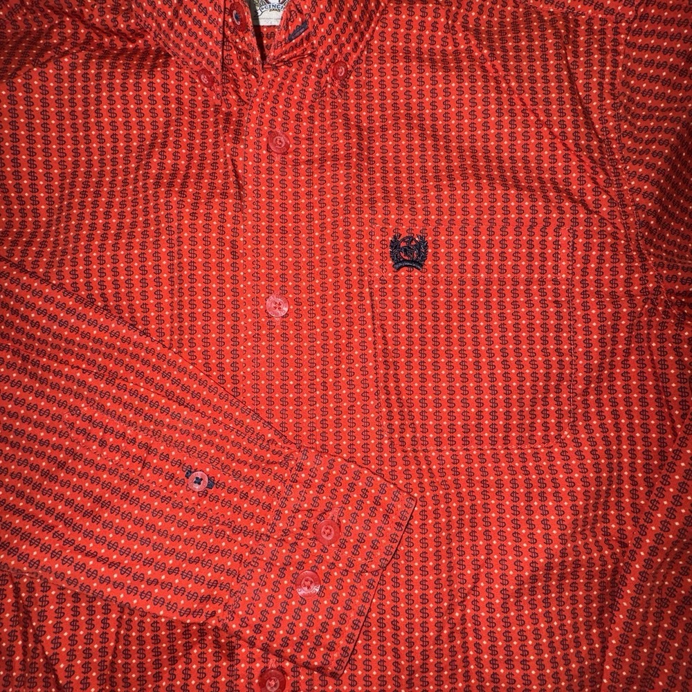 Cinch Youth Boys Medium Sz 10 Red Dollar Sign Long Sleeve Shirt Rodeo Cowboy